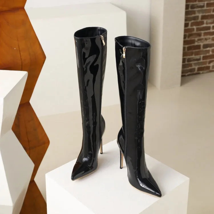 Winter Short Plush Long Boots For Ladies Black Pointed Toe Knee-High Boots Large Size Shoes Fashion Women Career High Heels 46