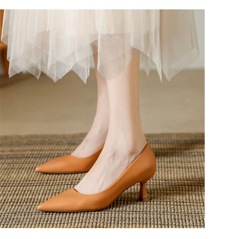 Soft Leather Concise Ladies Office Shoes 2026 Spring Shallow Comfort 6.0cm High Heels Women Pumps Dress Pointy Toe Wedding Shoes