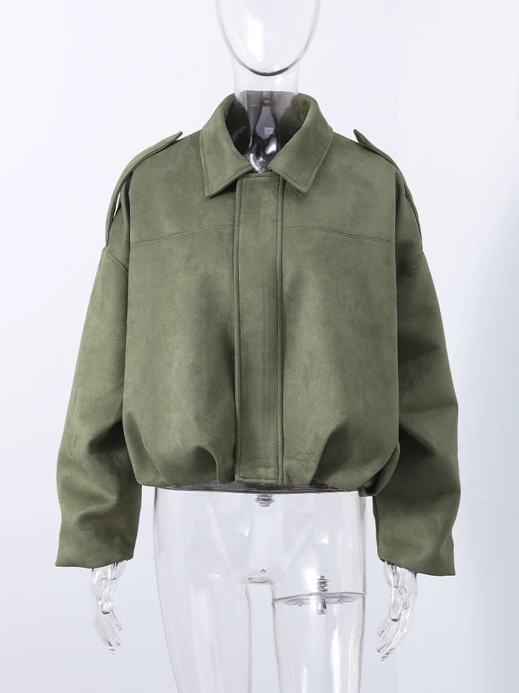 Fashion Suede Green Jackets Coat Women Lapel Full Sleeve Zipper Bomber Coats 2026 Spring New Loose Lady Street Solid Outwears