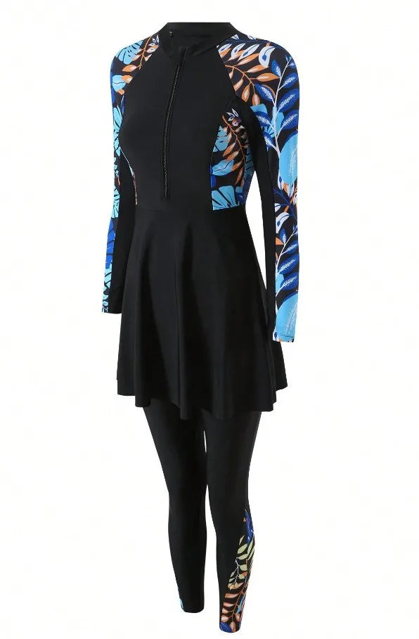 Burkini Femmes Swimwear Long Sleeve Black Tunic Swimsuit Full Leggings Front Zipper Swimming Suit Sun Protection Two Piece
