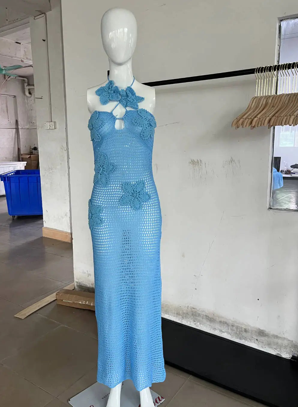 Sexy 3D Flower Knitted Dress Women  Hollow Out Halter Sleeveless Beach Long Dresses Female 2024 Summer Vacation Ladies Vestidos