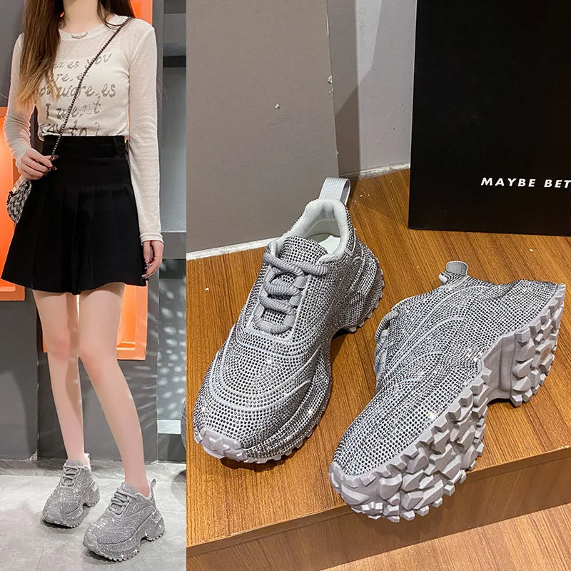 Women's Luxury Fashion Running Shoe Shining Casual Sports Shoes Thick Lace-up Vulcanize Shoes zapatillas de mujer