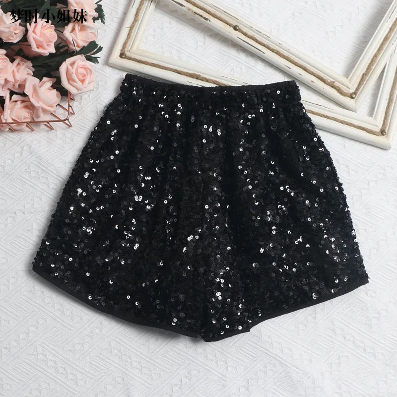 Women's Sexy Sequined Shorts High-waisted Wide-leg Pants Elastic-waisted Casual Hot Pants