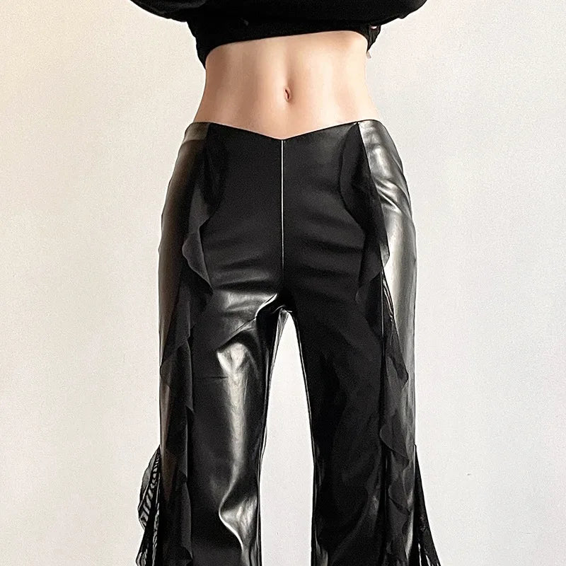Punk Style PU Leather Pants Gothic Black Lace-paneled Trouser Sexy High-waisted Slim Flared Pants 2026 Summer Women's Clothing