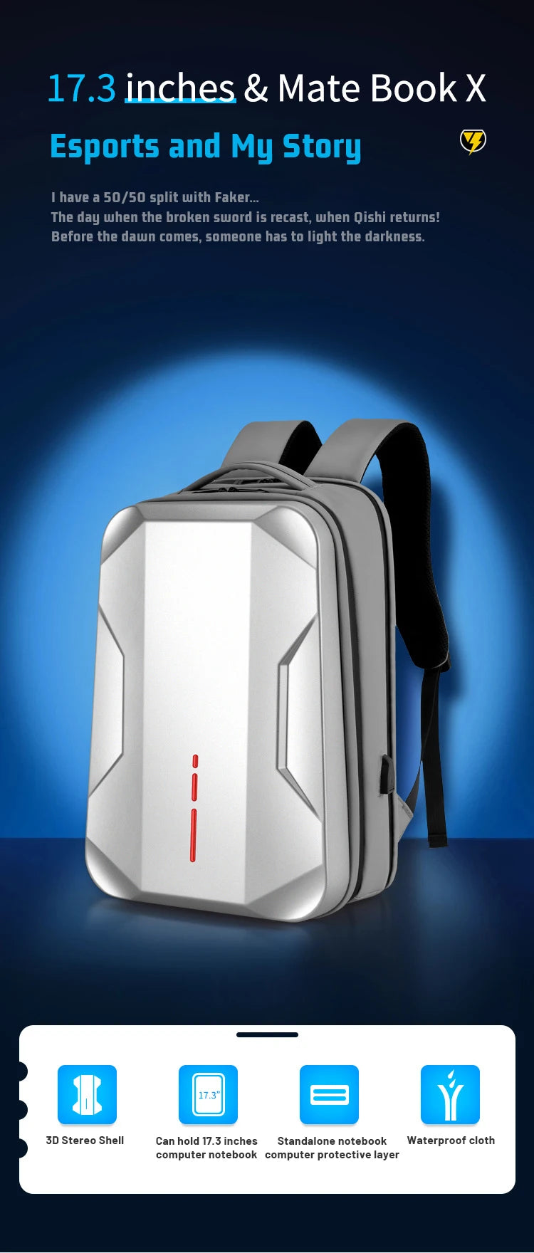 Men's 17.3 Inch Laptop Business Backpack Waterproof Hard Shell Backpack E-sport Gaming Backpack Double Opening 35L Travel Bags