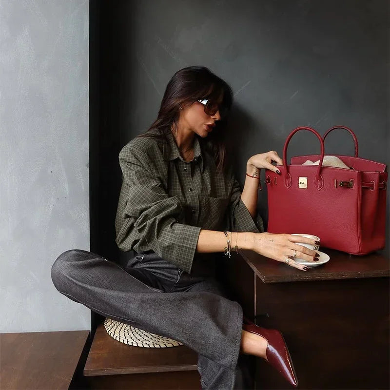 Casual Women's Green Plaid Shirts Loose Lapel Long Sleeve Single Breasted Pockets Female Shirt 2025 Autumn Lady All-match Tops