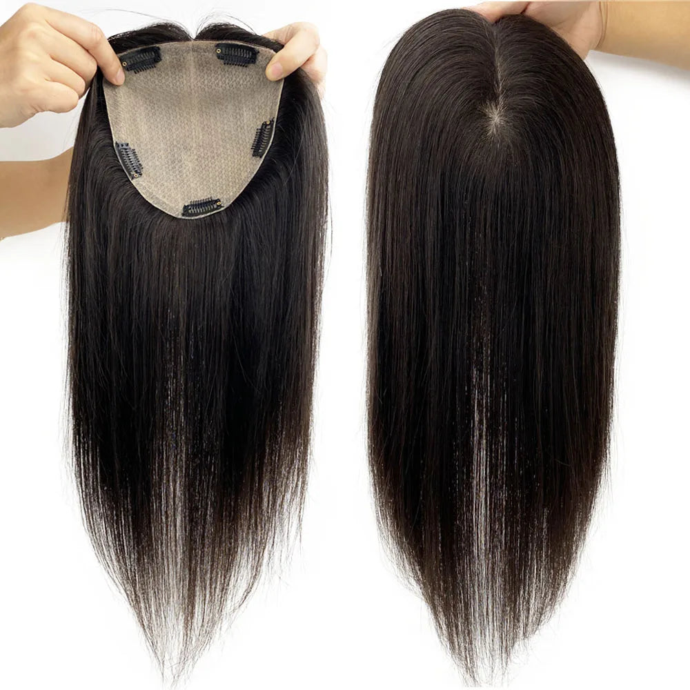 6X6inch Real Human Hair Topper for Women Virgin European Hair Toupee with Clips In Natural Hairline Scalp Base Fine Hairpiece