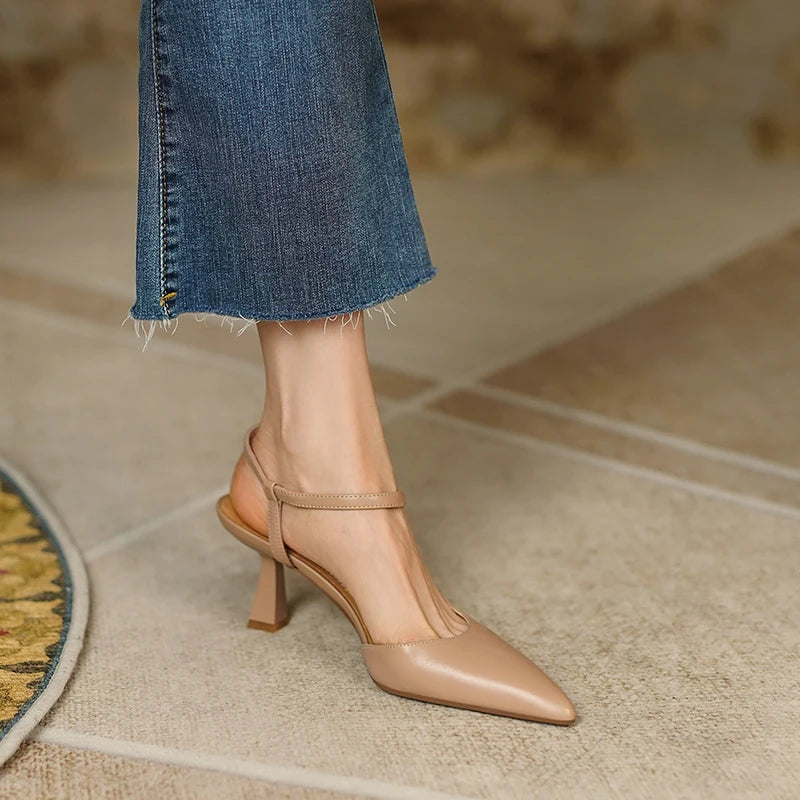 Fashion Slingbacks Women Pumps Spring Summer Office Ladies Party Prom Genuine Leather Pointed Toe High Heels Shoes Woman Sandals