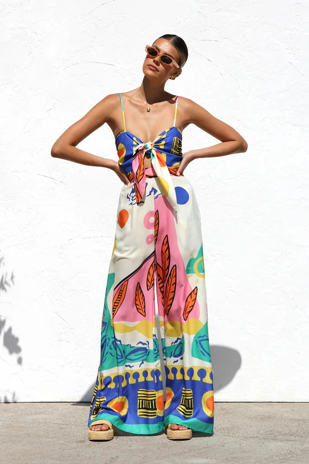 Beach Style Camisole Jumpsuit Waist Hugging Camisole Skirt Bow Tie Wide Leg Pants Vacation Jumpsuit Women's Rompers Dresses