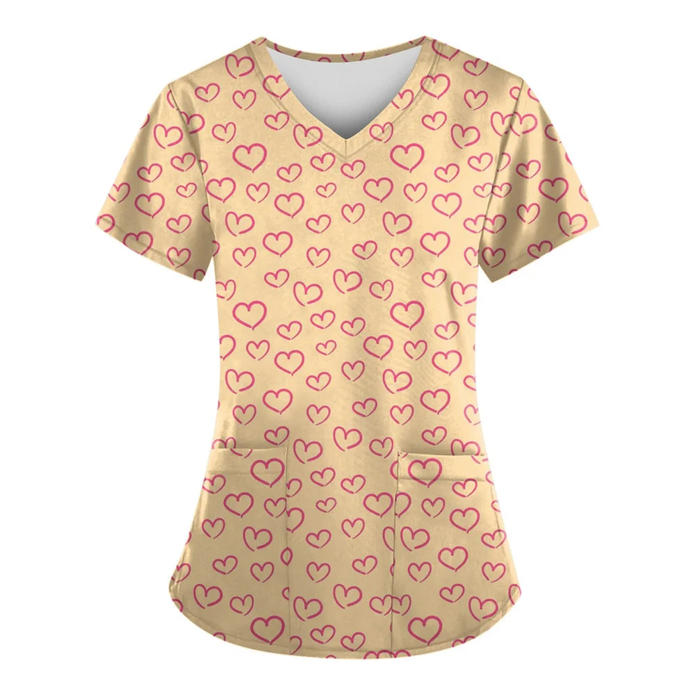 Tops Women Scrub Nurse Print Short Sleeve Cartoon V-Neck Tops Working T-Shirts Heart Print Healthcare Tunic Carers Workwear Tops