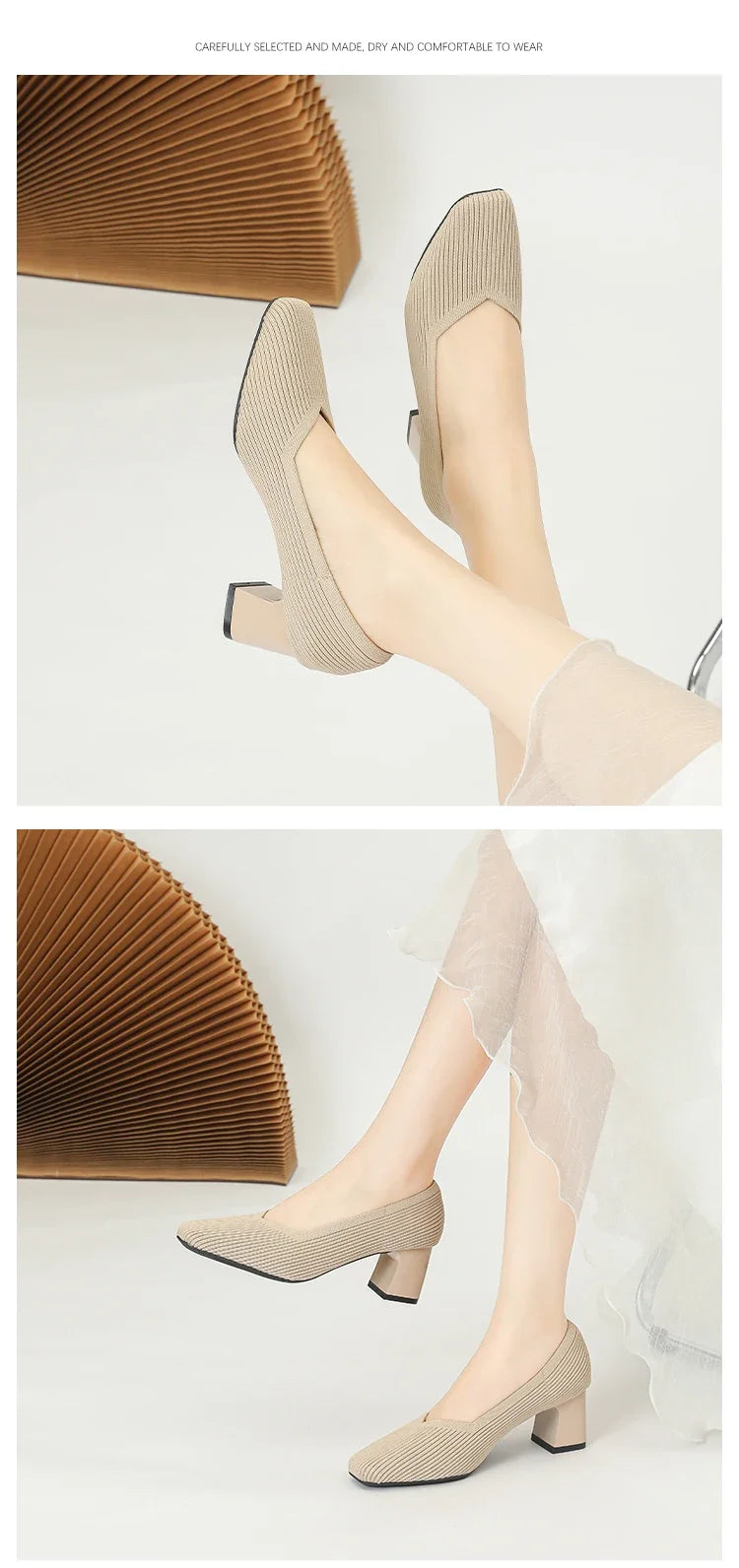 Shoes Woman High Heels Comfortable Square Knitted Breathable Comfortable Women's Flats Shoes (5cm High) 2025 New Collection