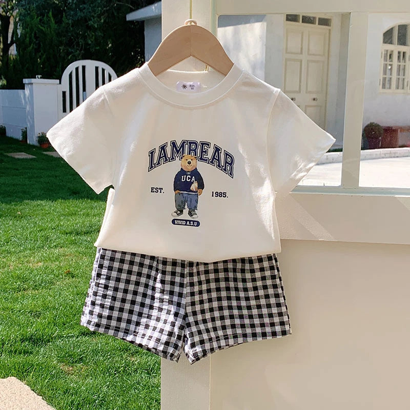 T-shirt + Plaid Shorts Outfits For Kids Summer Clothing Fashion Casual Short Sleeve Suit Children's Wear 2 Piece Set Girls Boys