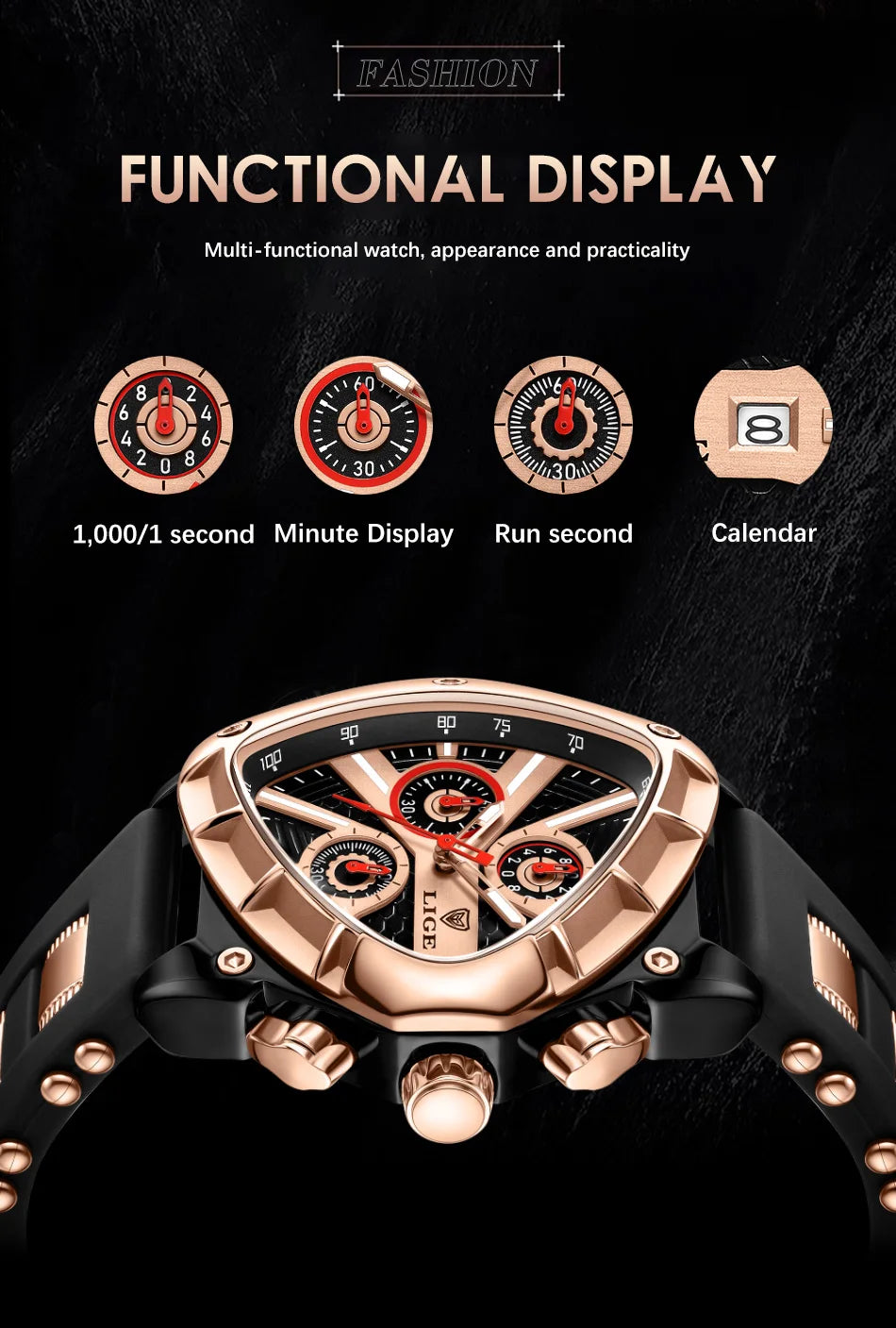 LIGE Sports Triangle Mens Watches Luminous Pointers Fashion Rubber Strap Military Irregular Quartz Wristwatch Waterproof  Watch