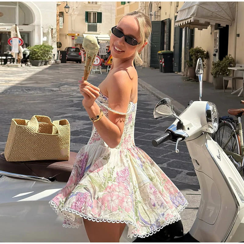 Floral Print Women's Dress Elegant Spaghetti Strap Lace Trim Hollow Out Flowy A Line Dress Lady 2026 Summer New Woman Vestidos