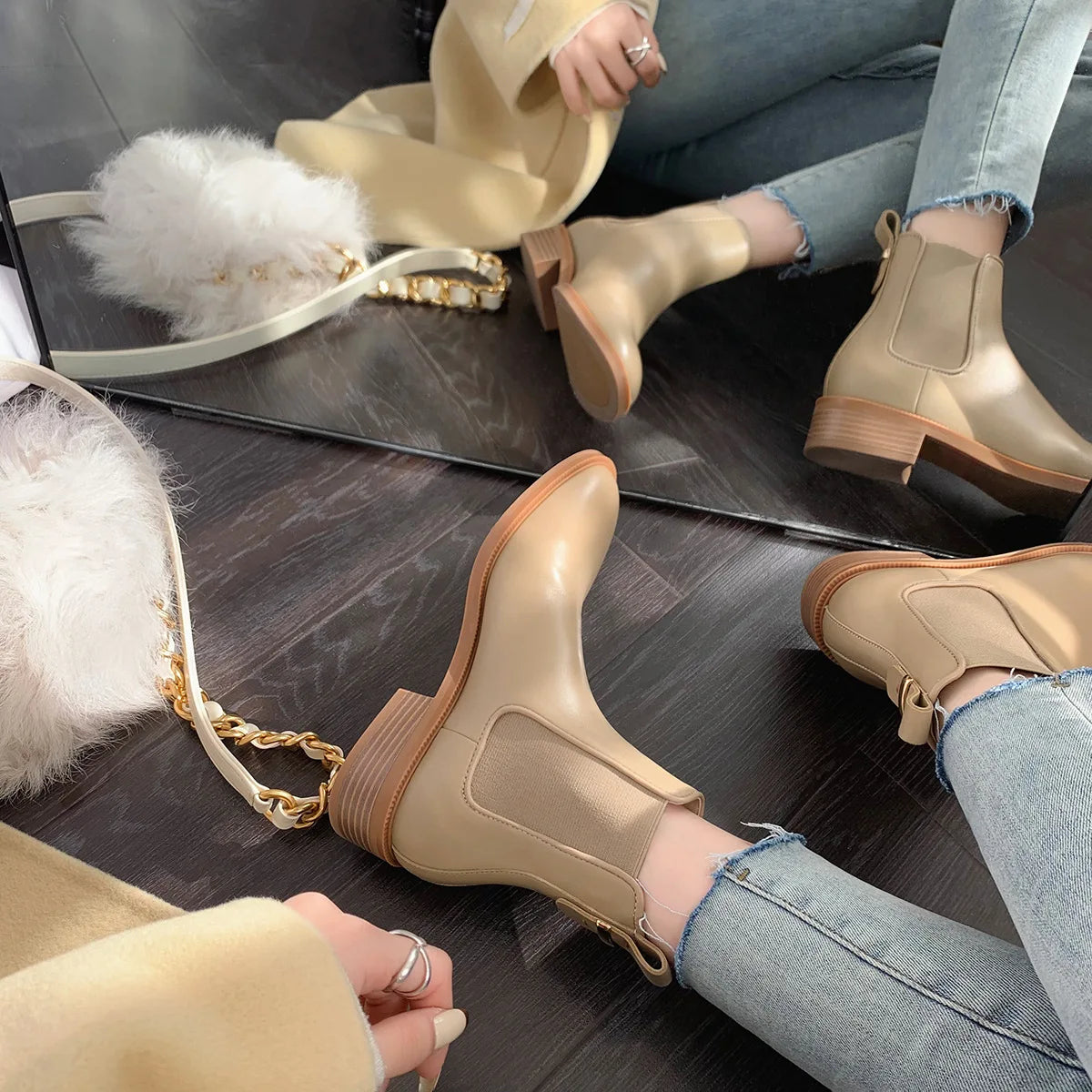 2026 Autumn/Winter Ankle Boots Women Basic Chelsea Botas Mujer Low Thick Heels Short Booties PU Leather Slip On Stretch Botines