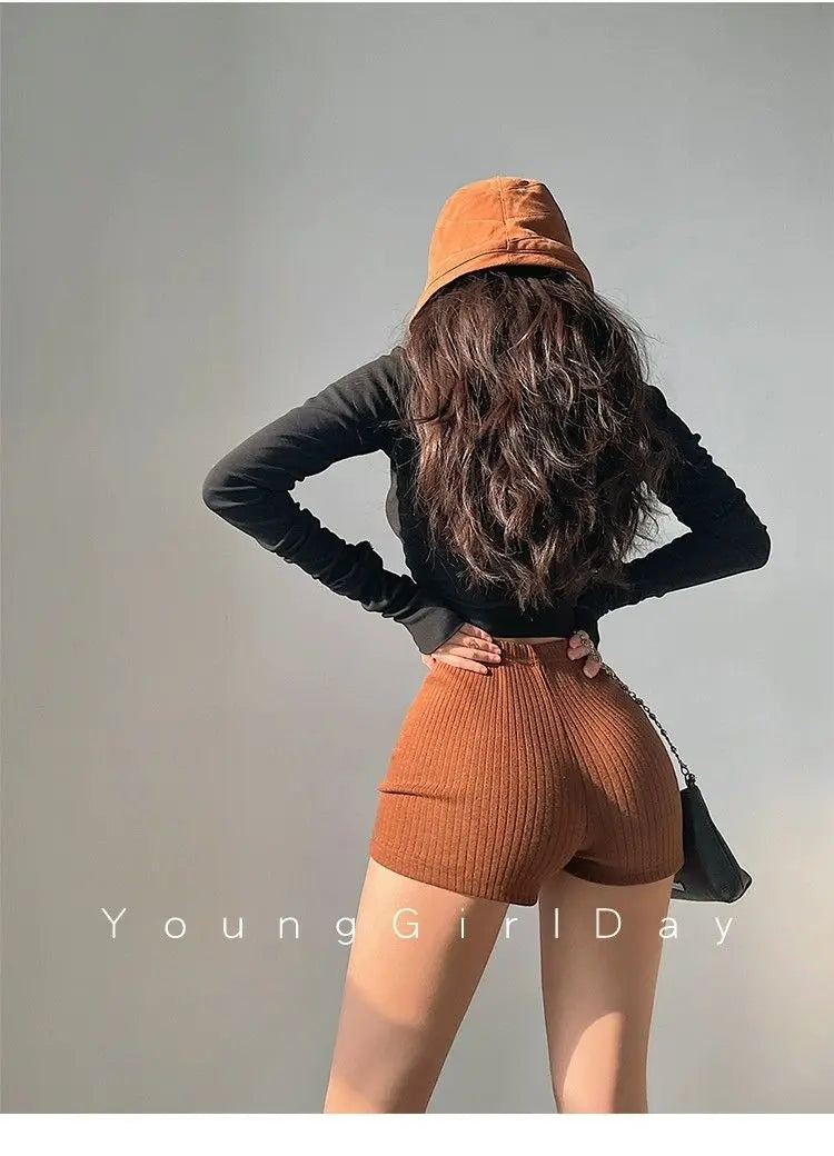 American Style Shorts Women High Waist Sheath Stretch Solid Knitting Hot Trousers Sexy Spice Girls Summer Simple Sporty Casual