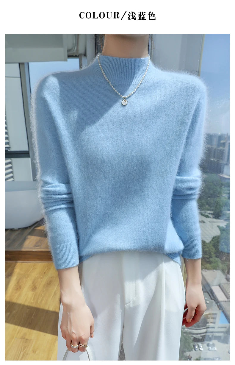 2024 Autumn And Winter New Women's Semi High Neck New Fashion Mink Sweater Long Sleeved Loose Sweater Slimming Knit Sweater Base