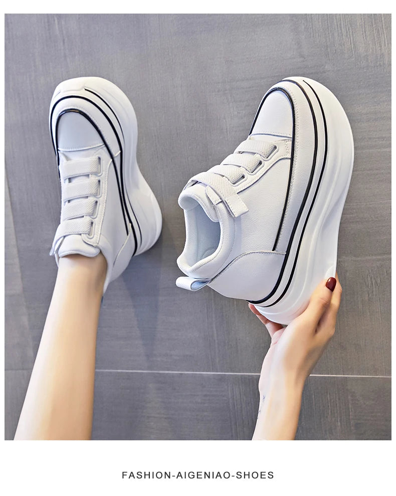 10cm Genuine Leather Platform Wedge Mid Calf Ankle Motorcycle Booties Non Slip Hidden Heel New Women Slip-On Autumn Spring Shoes