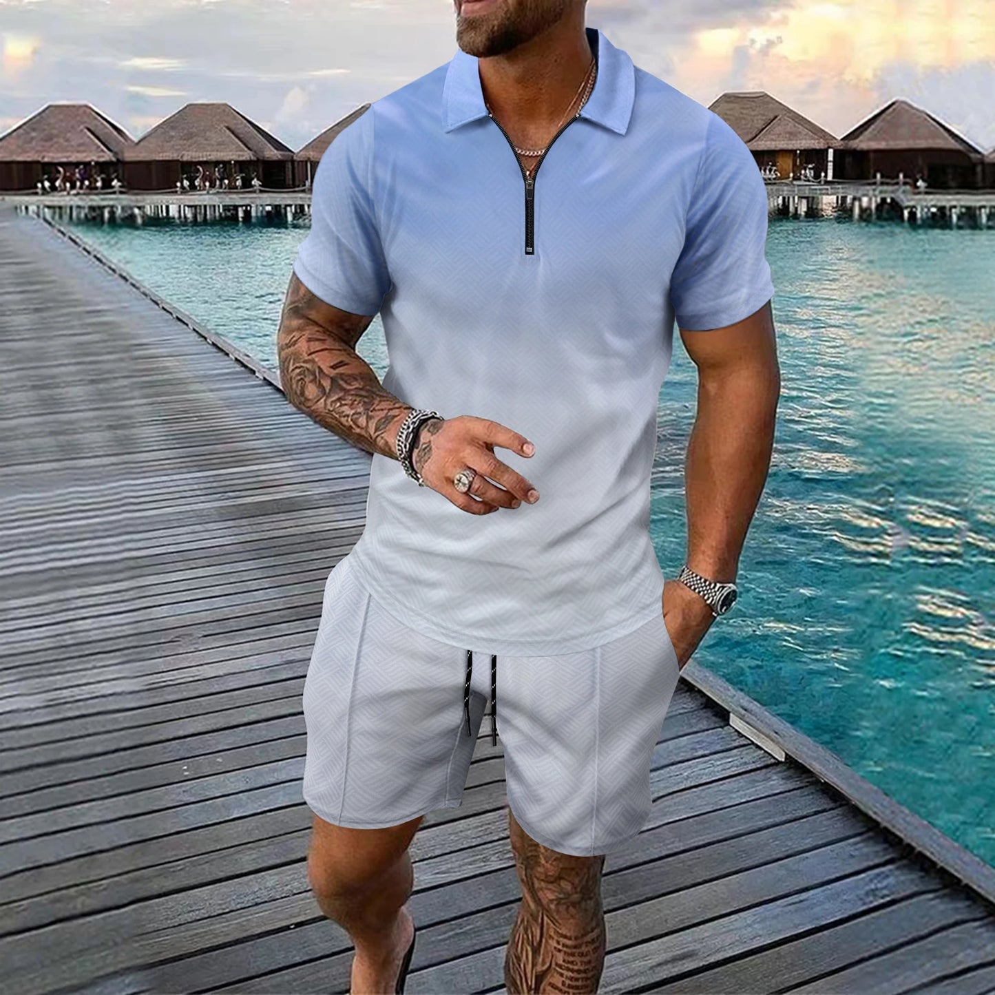 Interesting Men's Short Sleeved Set 3D Checkered Printed Fashionable Zipper Polo Shirt Suit Loose Summer T-shirt Set Ropa Hombre
