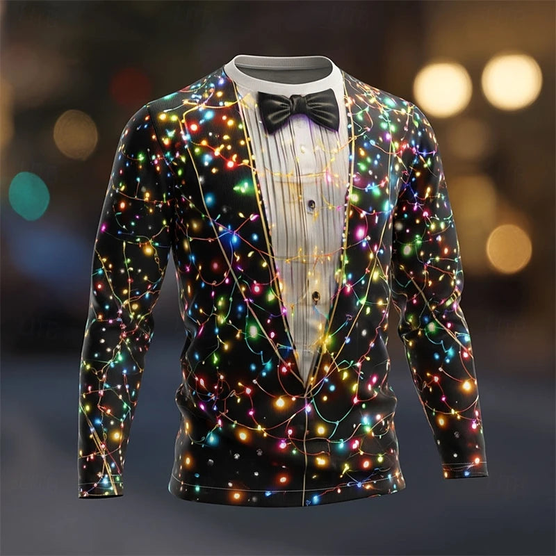 Neon Light Realistic Suit Pattern Christmas T Shirt For Men Funny Fashion 3D Printed Long Sleeve T-shirts Casual Oversized Tees
