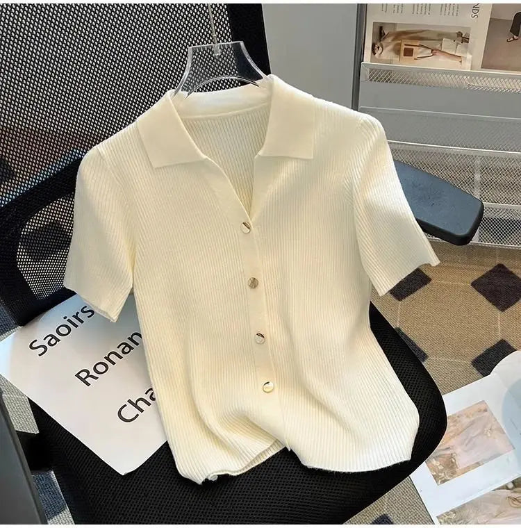 Knitted Polo Shirt  Women's Summer Cardigan Short Sleeve T-Shirt Casual Fashion Short Sleeve Tops Knitwear 2025 Korean Clothing
