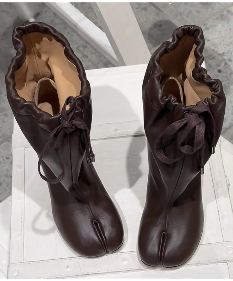 Street Style Fashion Split Toe Women Mid-calf Boots Autumn Winter Genuine Leather Tabi High heels Modern Chunky Booties Shoes