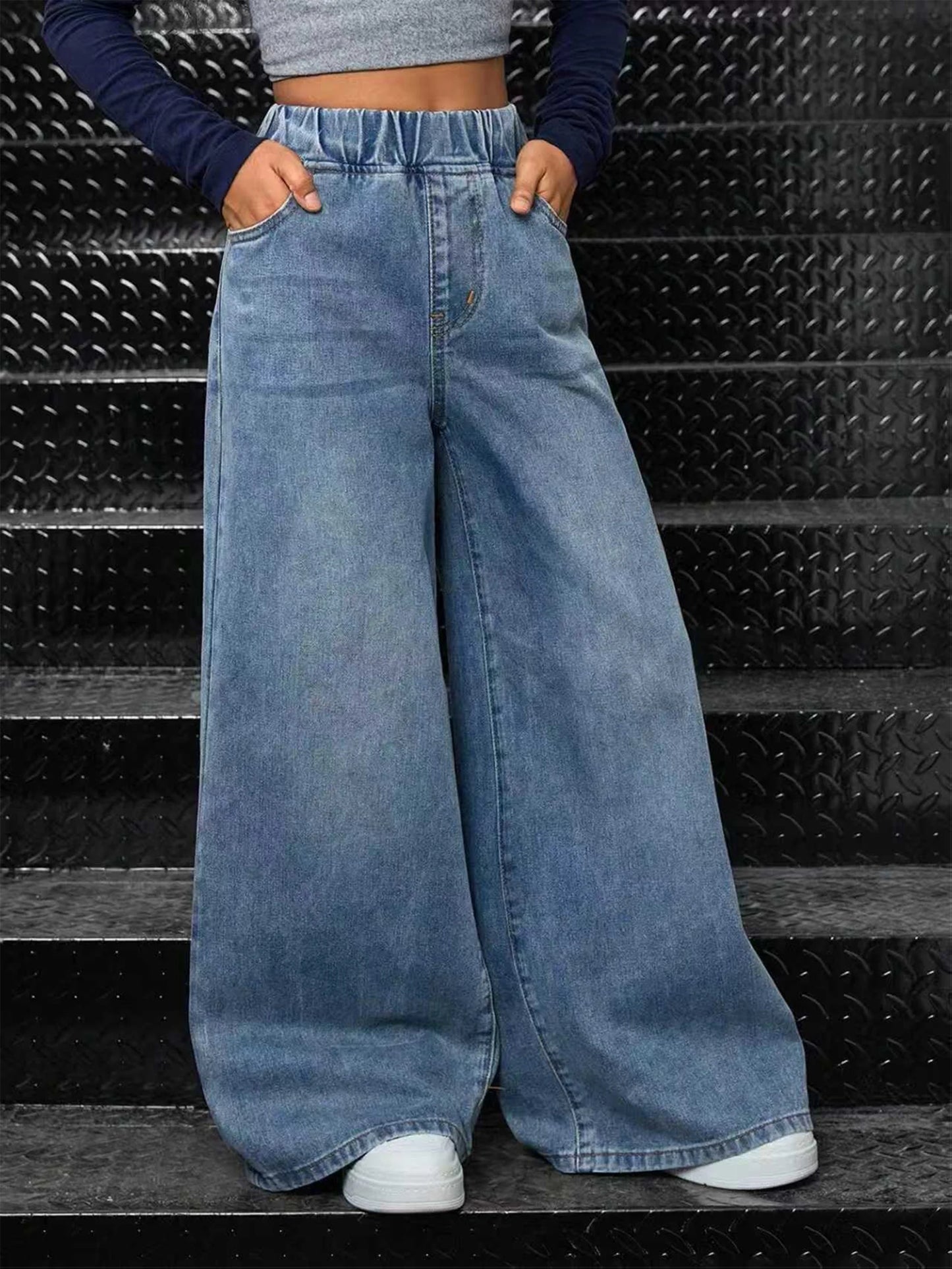 Girl's 2000s Trendy Street Style Loose and Comfortable Washed Denim Straight-Leg Pants, with Elasticized Stretch Waist