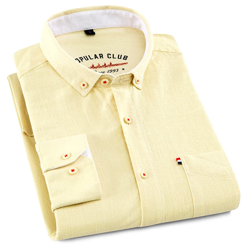 Shirt New Men's Fashion Solid Color Cotton Linen Everything Trend British Style Casual Business Formal Long-sleeved Shirt