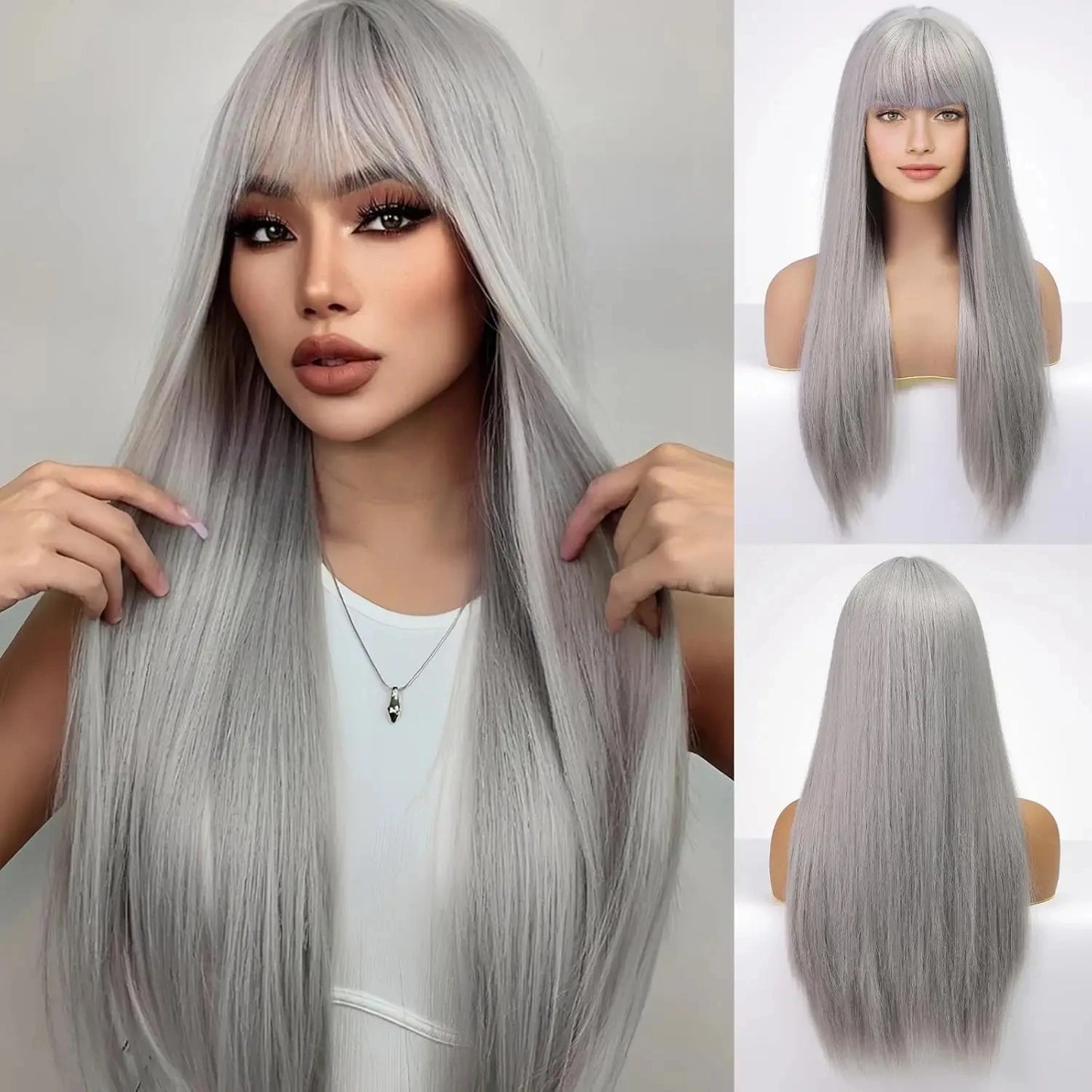 New light pink synthetic wig for long straight hair for party, Halloween cosplay, daily use, high-temperature hair accessory