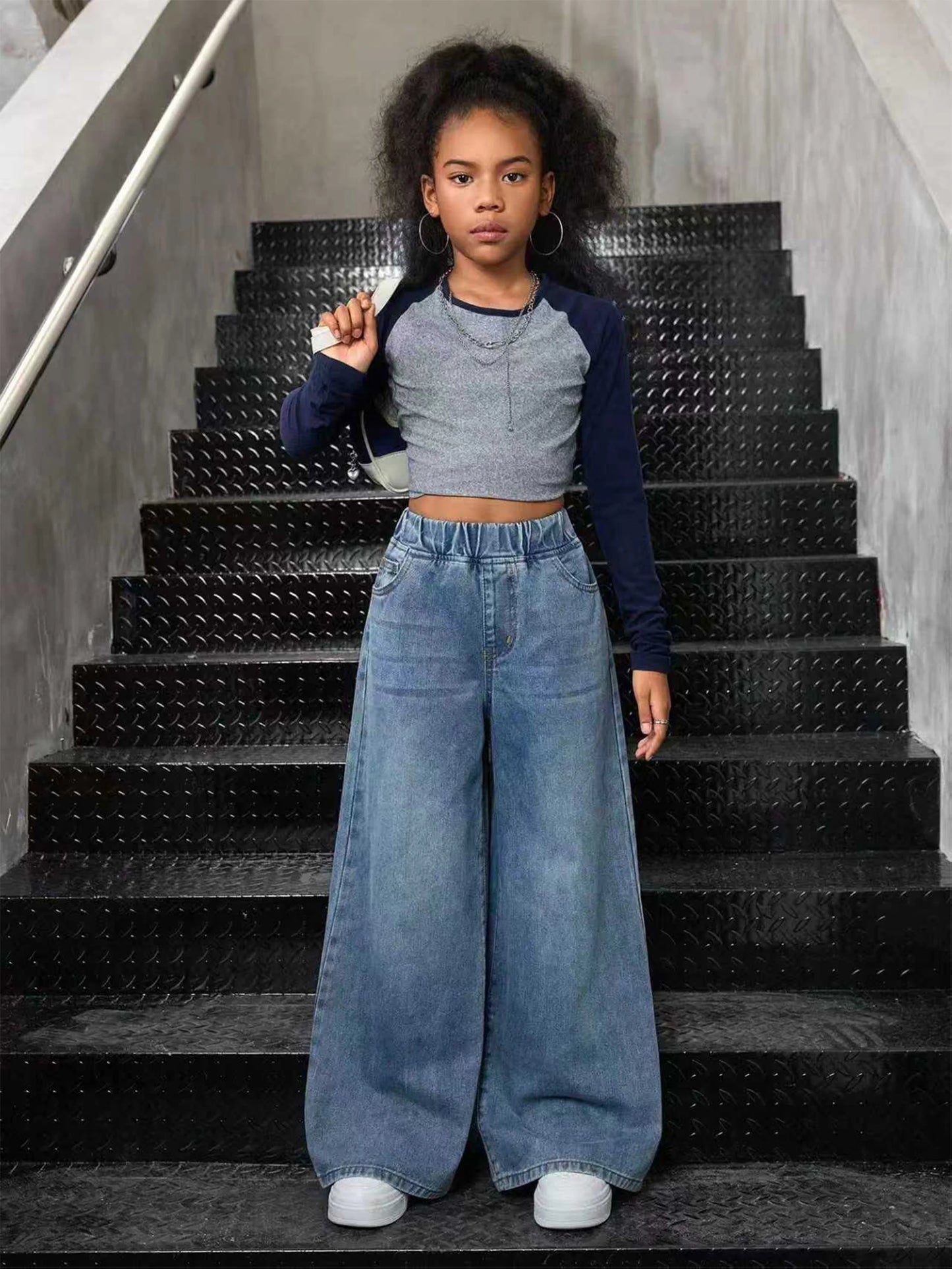 Girl's 2000s Trendy Street Style Loose and Comfortable Washed Denim Straight-Leg Pants, with Elasticized Stretch Waist