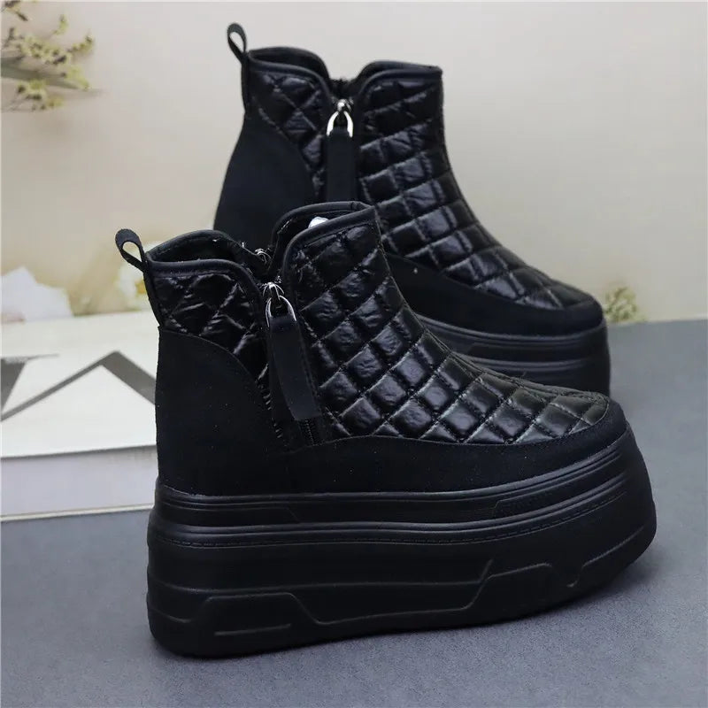 12cm Winter Leather Silver Women Snow Boots Thick Sole Waterproof Warm Platform Boots Women Plush Mid-calf Boots Increases Heigh