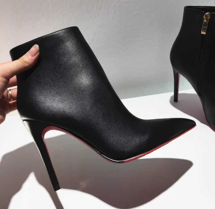 Autumn and winter new turtle patterned short boots, slim high heels, black 10cm, female pointed, slim heels, Shizang bare boots