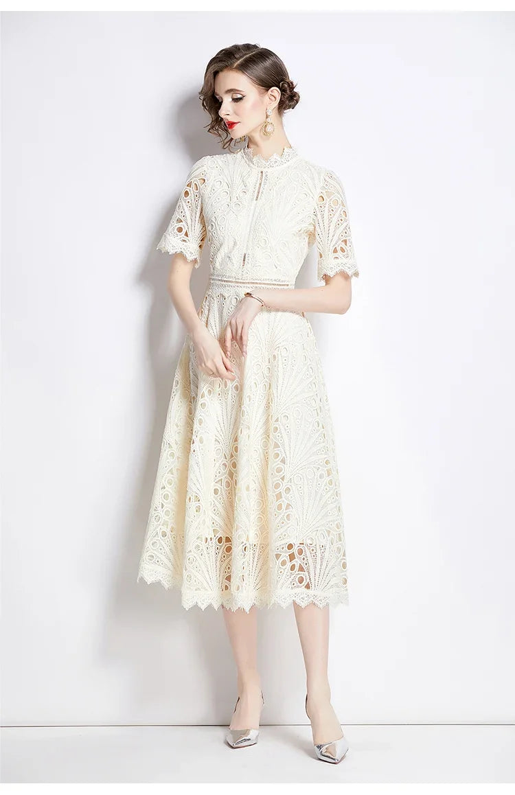 SMTHMA Vintage High-End O-Neck Short Sleeve Lace Hollow Out Dress For Women's Summer Slim Elegant Long Dress Female Clothing
