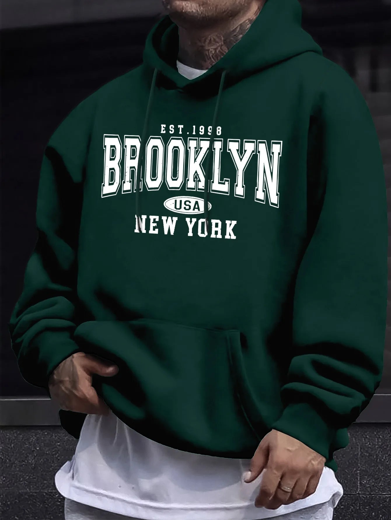 Men's autumn and winter casual fashion loose Brooklyn New York letter printed long sleeved hooded sweatshirt warm pullover BAZAARHUBO