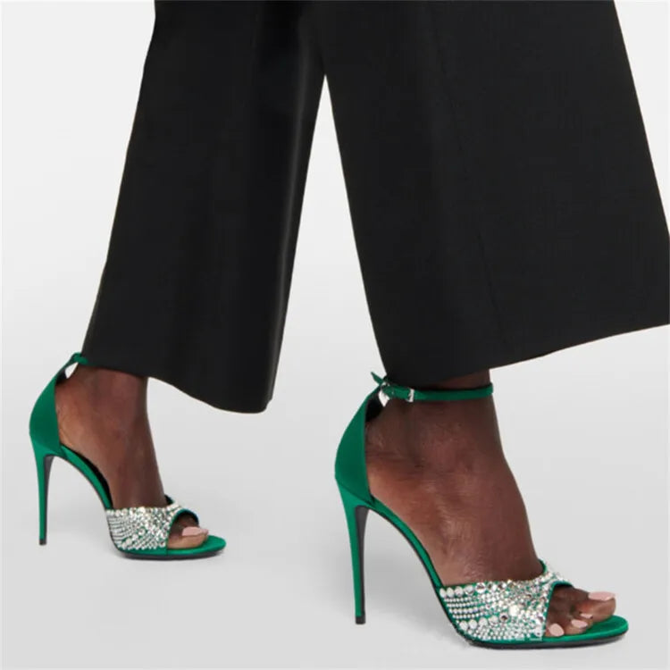 Summer 2023 Internet Celebrity Rhinestone Open Toed Sandals Fashion Round Toe Slim Heel Sandals Sexy Wrapped Party Sandals 35-43