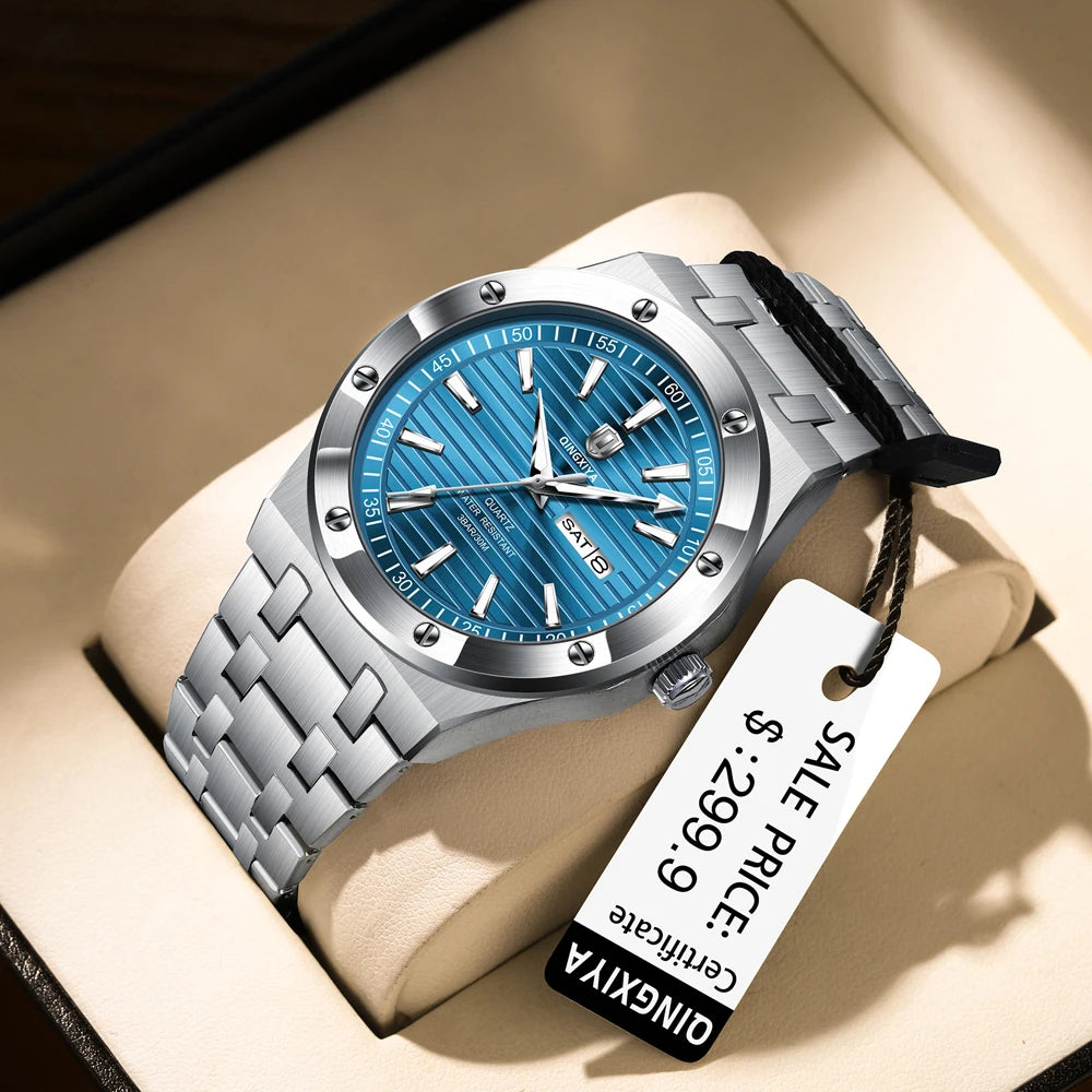 QINGXIYA New Mens Quartz Watches Top Brand Luxury Week Date Man Wristwatch Stainless Steel Waterproof Luminous Sports Men Watch