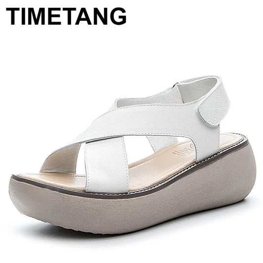 Fashion Summer Vintage Genuine Leather Flat Platform Sandals Women Hook And Loop Cross Strap Flat Sandals size 34-40