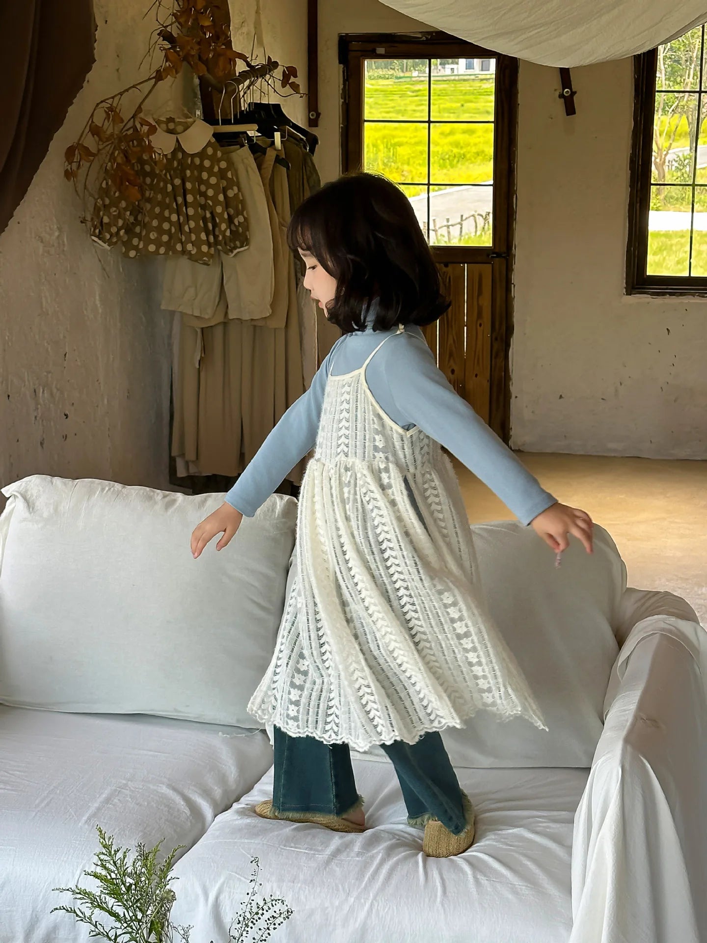 Girl Casual Dresses Autumn Winter Childrens Clothing New Korean 2026 Lace Camisole Skirt Washing Retro Make Old Jeans