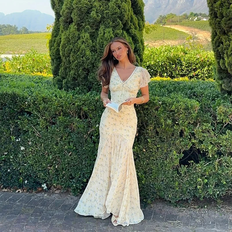 Vintage Print High Neck Midi Dress Belted Waist Bell Sleeve Flared Hem 2026 Summer Spring Chic Women Elegant Wedding Guest Gown