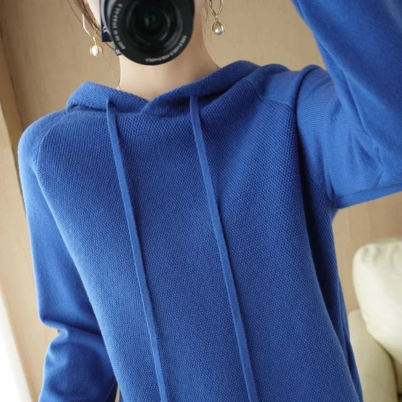 Hooded Sweater Woman Autumn Winter Long Sleeve Warm Bottoming Shirt Solid Casual Pullovers Knit Tops Korean Fashion Jumper 2025