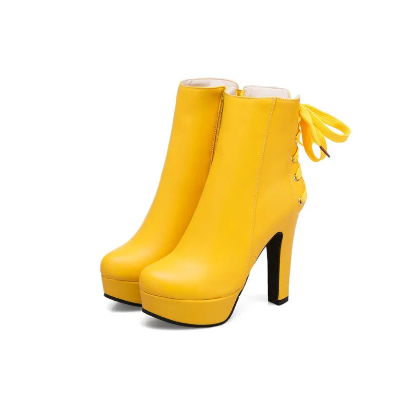 Fashion Ankle Boots Women Platform High Heels Short Boot Lace-up Black White Yellow Party Winter Shoes Lady Large Size 50 45