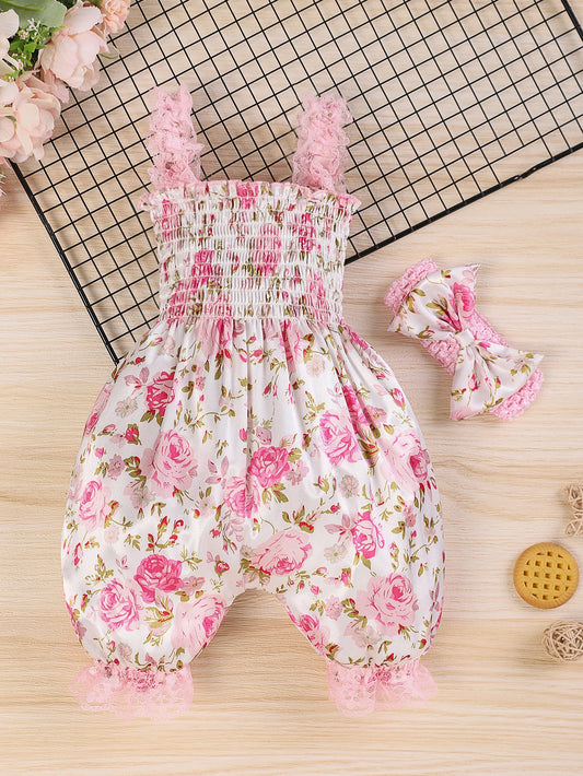 Baby Girls Floral Romper Set, Sleeveless Lace Trim Jumpsuit + Matching Bow Headband, 2pcs Outfit