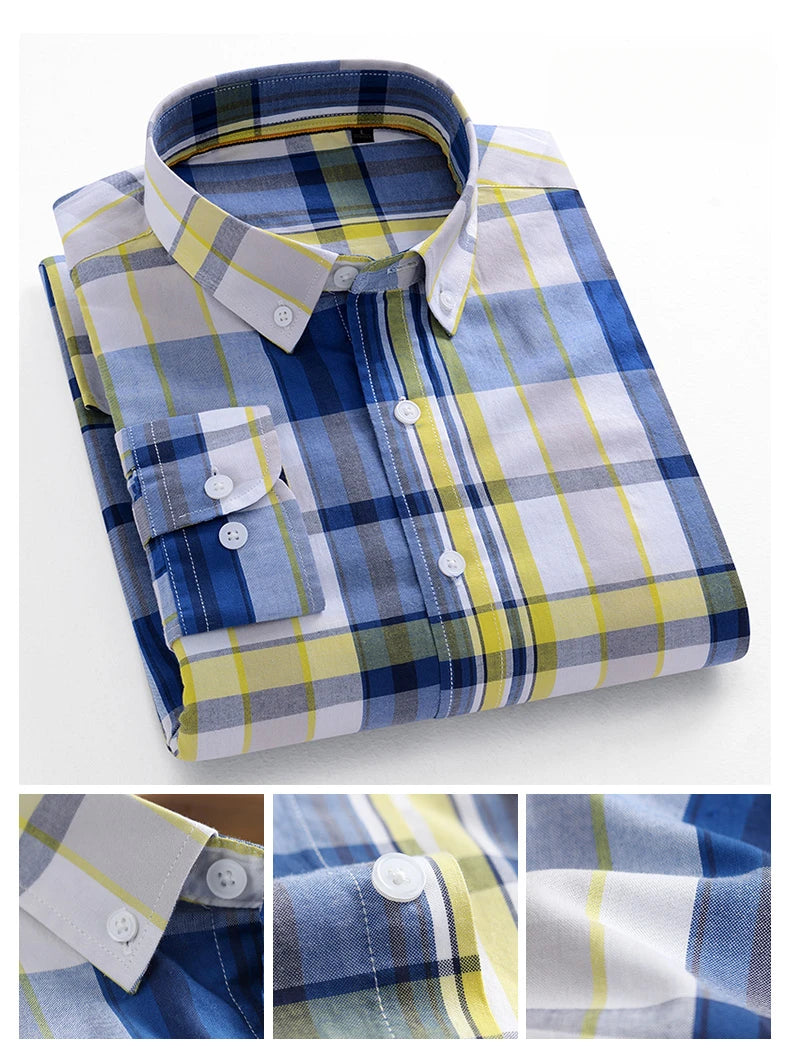 Fashion korean trends casual long-sleeve shirts for men slim fit plain shirt 100%cotton plaid striped tops soft designer clothes