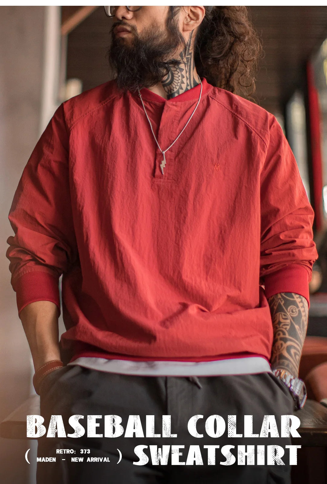 Maden Vintage Baseball Collar Sweatshirt New Year's Red Top Loose Round Neck Pullover for Men's Spring Fall Long-Sleeved T-Shirt