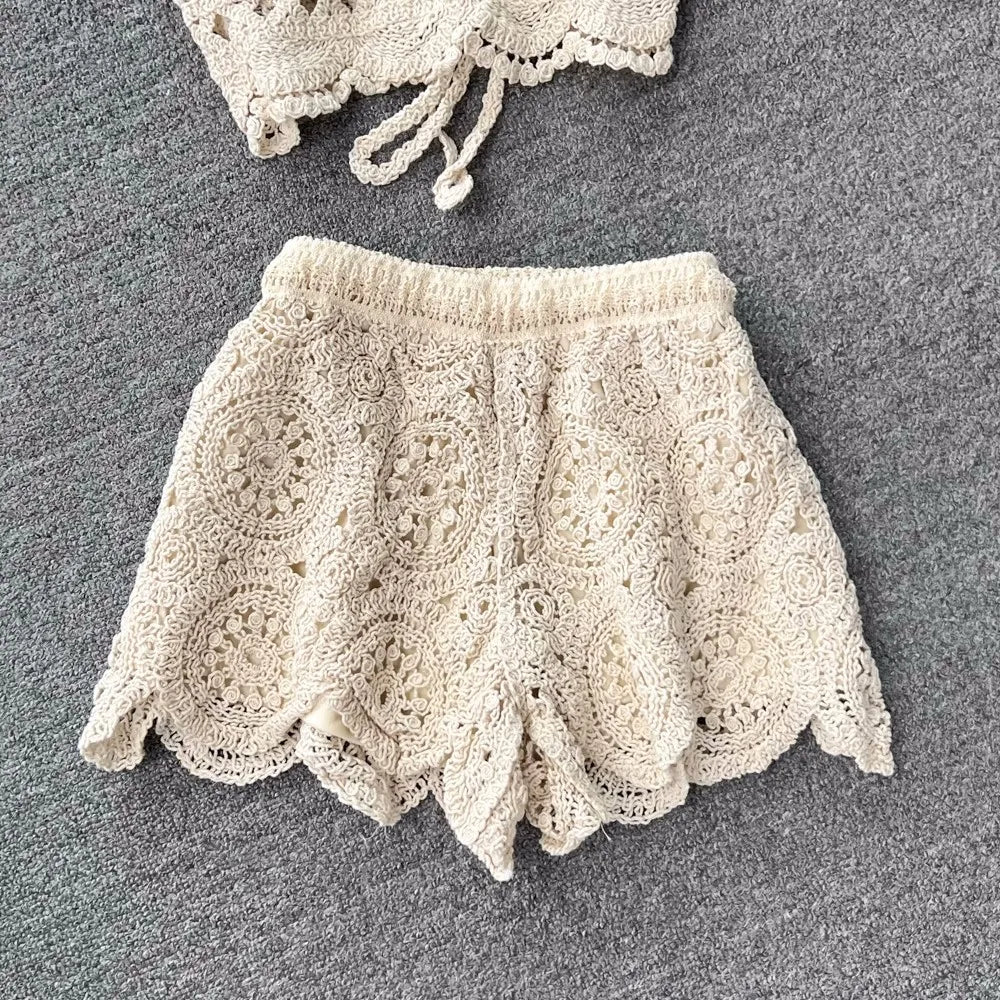 SINGREINY Knit Two Piece Sets Women Summer Vacation Backless Camisole Elastic Waist Shorts Hollow Out Y2K Beach Style Suits