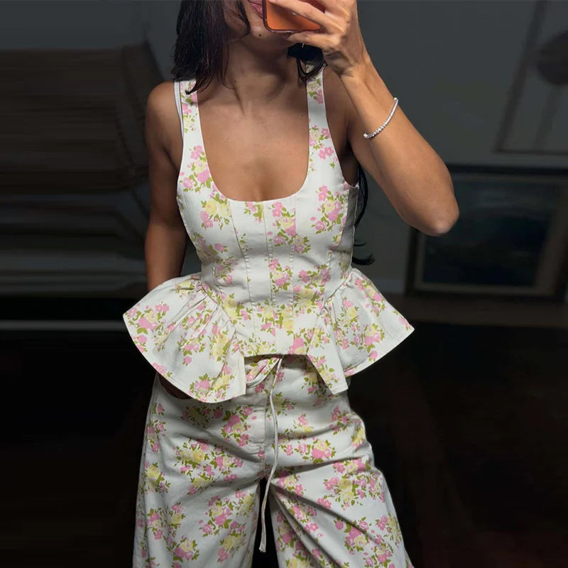 Floral Printed Women Long Pants Set Elegant Sleeveless Backless Vest Wide Leg Trousers Chic Holiday Vacation Lady Summer Outfits BAZAARHUBO