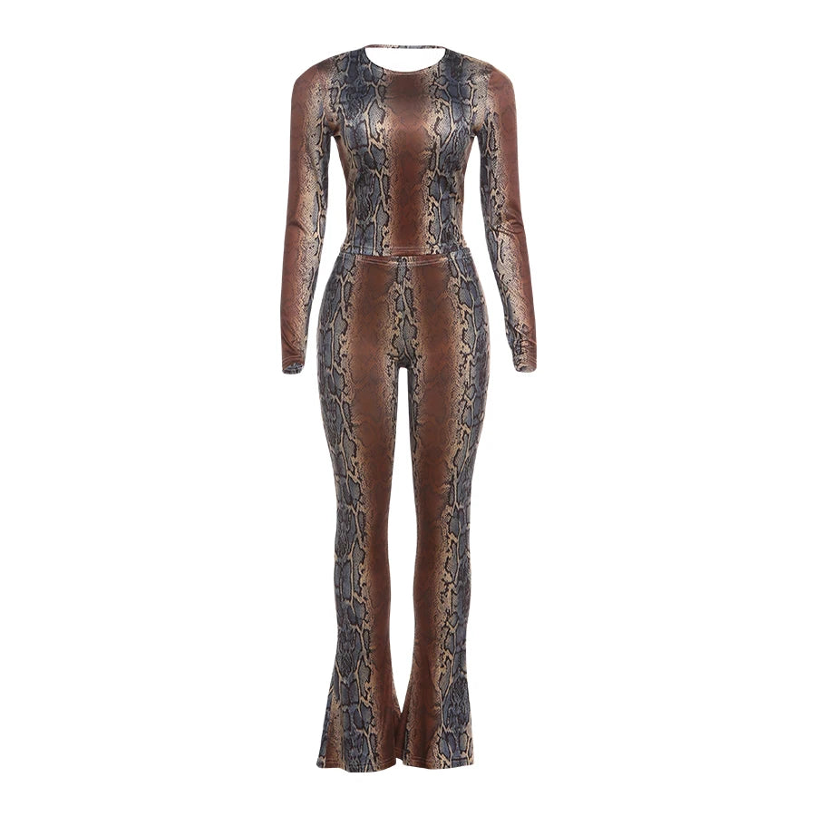 Kliou Serpentine Print 2 Piece Set Woman o-Neck Full Sleeve Tops+Skinny Peach Hip Long Pants Hot Girls Street Sexy Fashion Suits