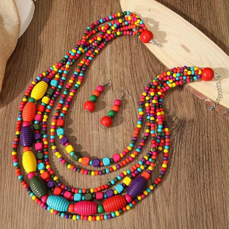 Colorful African Style Multi-Layer Wooden Bead Jewelry Sets Chokers Necklace Colorful Bohemian Necklace Earrings Set Party Jewel