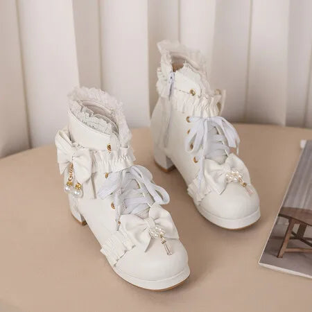 Lolita Great Quality Block High Heels Women Ankle Boots White Shoes Lace Decor Lace Up Chunky Heeled Bow Boots for Women Verclo