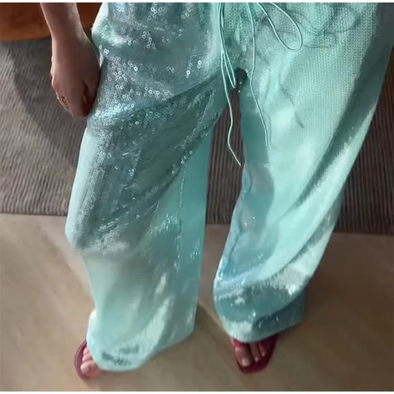 Women Sequin Pants Cinched Waist Glitter Baggy Straight Long Trousers